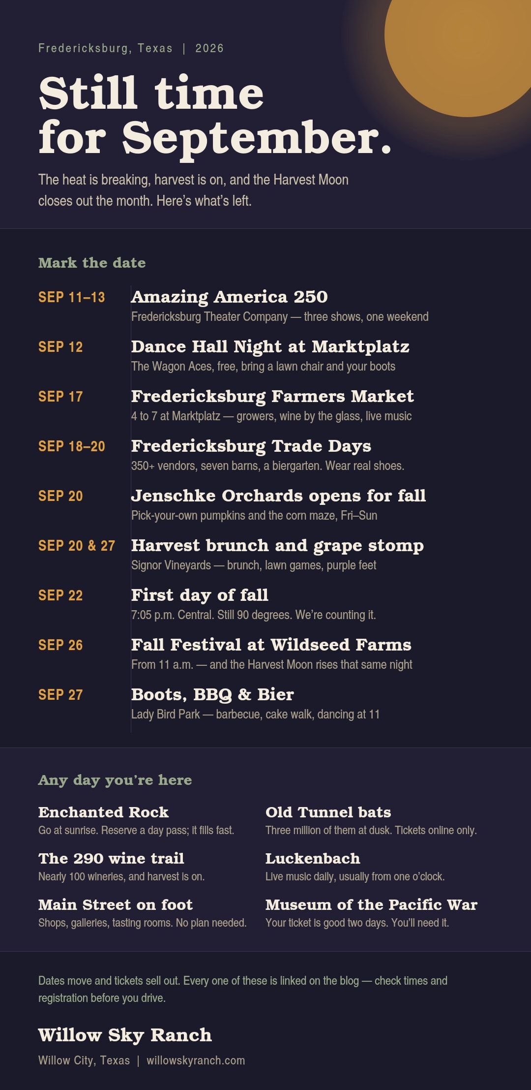 Still Time for September — Fredericksburg, Texas 2026 events guide showing Mark the Date calendar and Any Day You Are Here activities